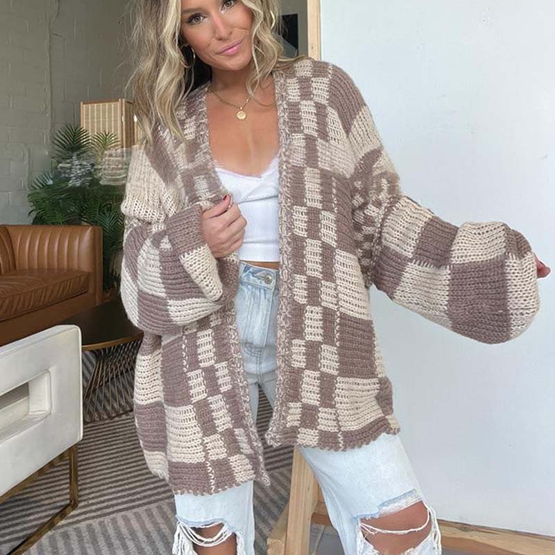 Women's Checkered Open Front Cardigan