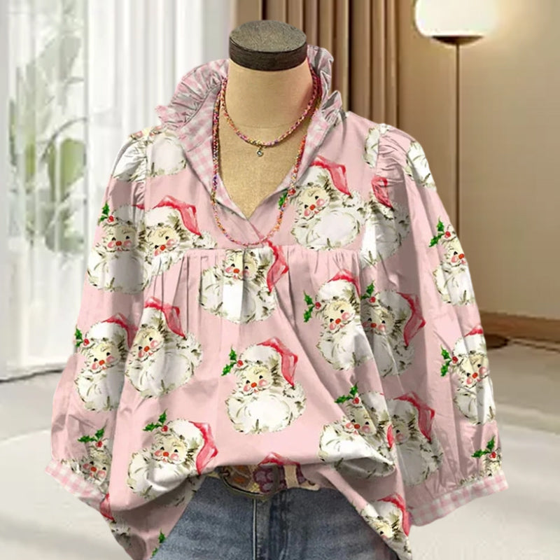 Christmas Santa Print Ruffle V-Neck Blouse