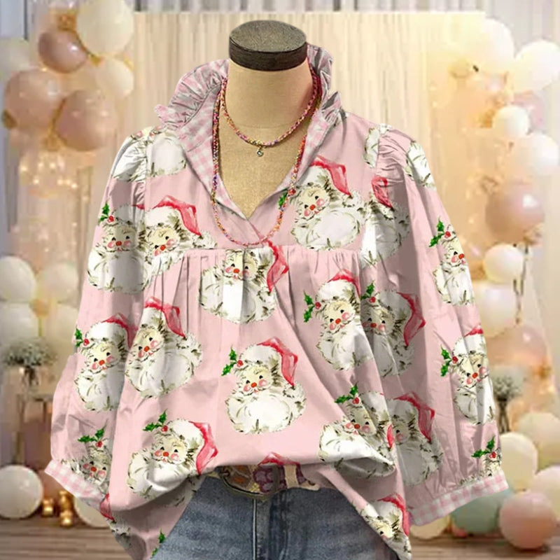 Christmas Santa Print Ruffle V-Neck Blouse