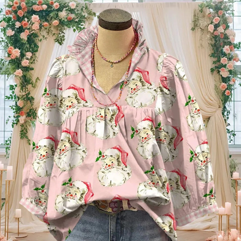 Christmas Santa Print Ruffle V-Neck Blouse