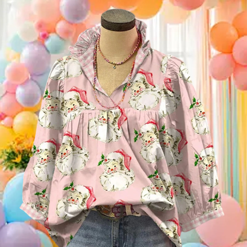 Christmas Santa Print Ruffle V-Neck Blouse