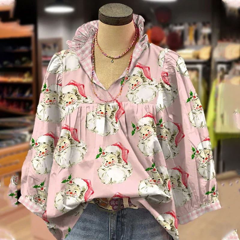 Christmas Santa Print Ruffle V-Neck Blouse