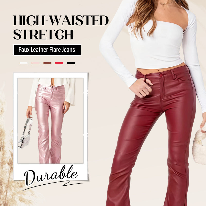 🔥Limited-time offer-High-Waisted Stretch Faux Leather Flare Jeans
