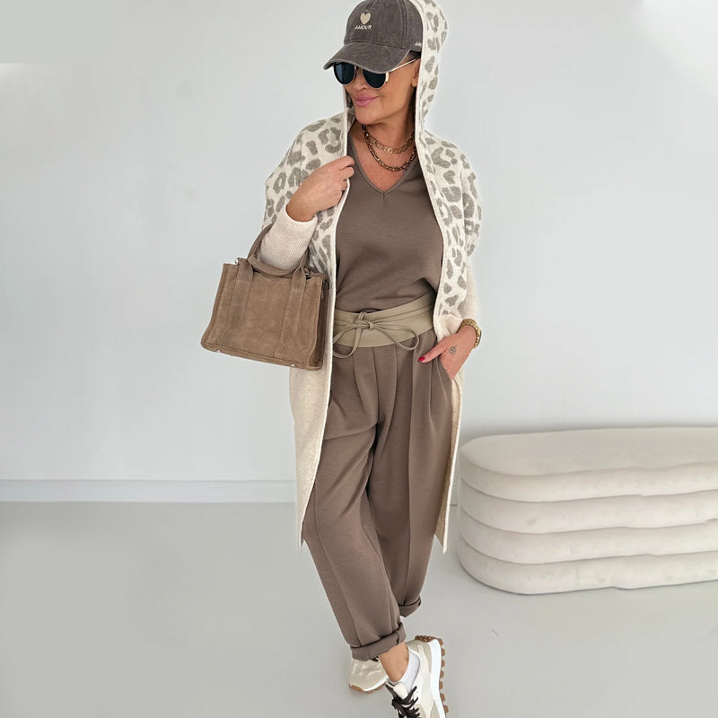 Women's Hooded Leopard Print Knitted Jacket with Pockets