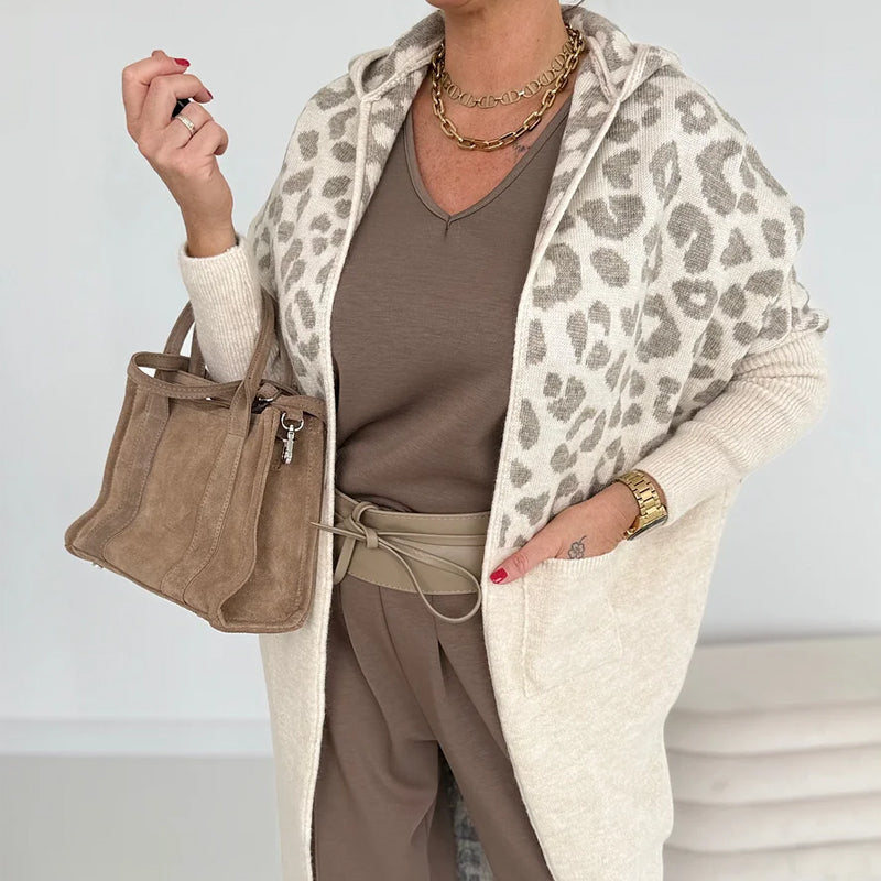 Women's Hooded Leopard Print Knitted Jacket with Pockets