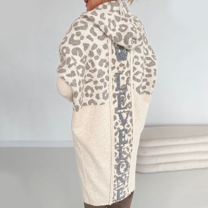 Women's Hooded Leopard Print Knitted Jacket with Pockets