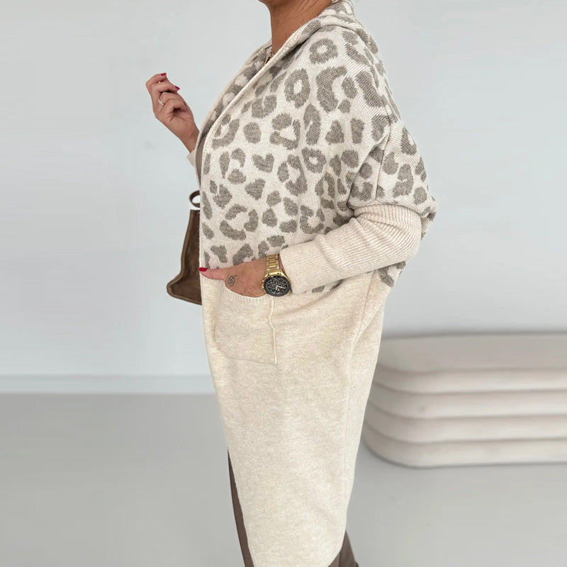 Women's Hooded Leopard Print Knitted Jacket with Pockets