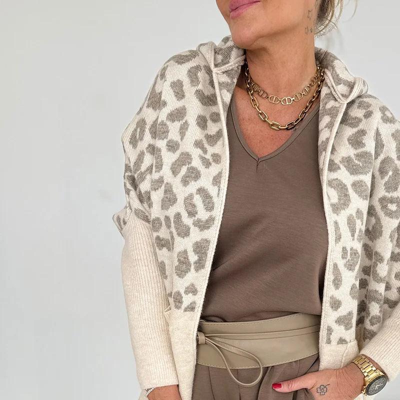 Women's Hooded Leopard Print Knitted Jacket with Pockets