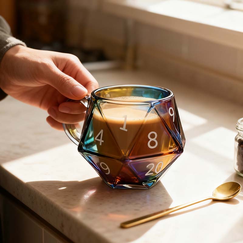 💥Limited-time offer-Rainbow Glass D20 Dice Mug with Handle