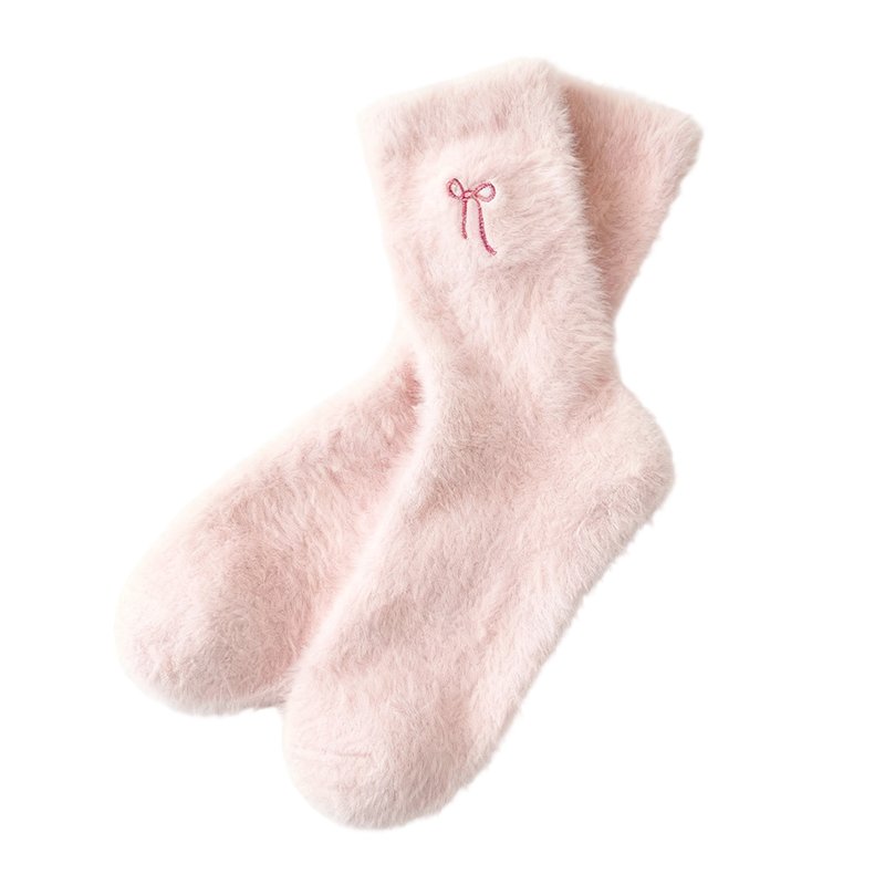 3 Pairs Women's Plush Mink Socks with Bow Embroidery