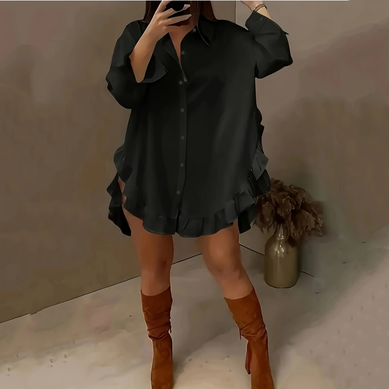 🔥Hot Sale Deals-Women's Oversized Button-Down Mini Dress with Ruffle Hem
