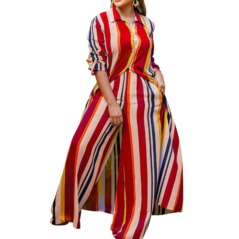2026 New Arrivals Sale-Vertical Stripe Button-Down Shirt & Wide-Leg Pant Set