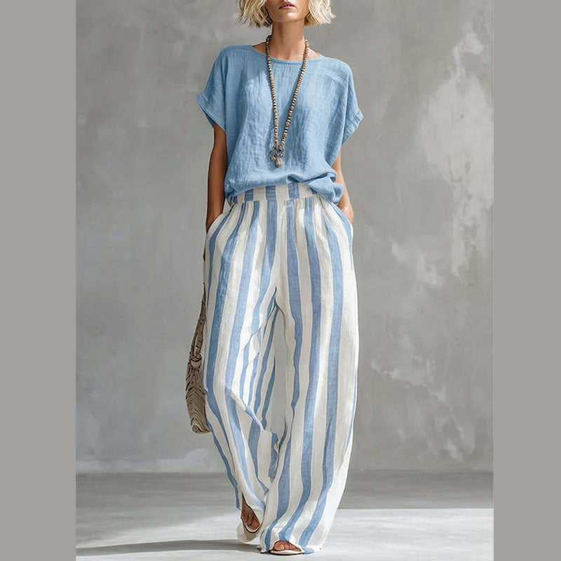 🔥Limited-time offer-Women's Casual Solid Top & Striped Wide-Leg Pants