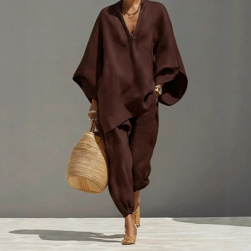 🔥Limited-time offer-Women's Summer Slouchy Loose Fit Pants Set with Batwing Sleeves