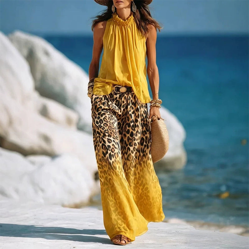 đWomenâs Halter Sleeveless Top & Leopard Pants Set-Leg Pants Set â Bold, Chic & Effortless Summer Outfitđ„