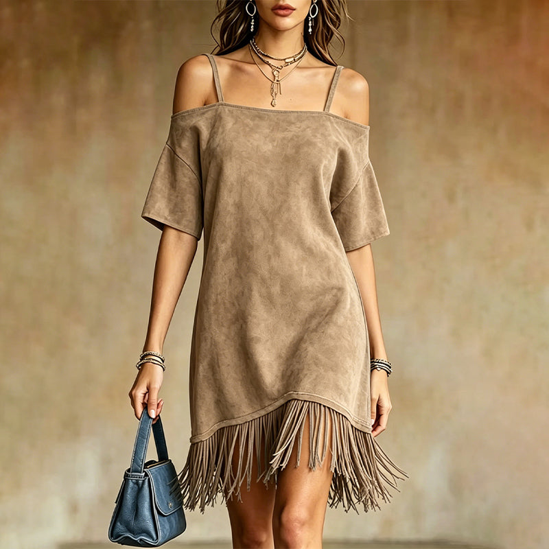 ⌛Limited-Time Offer-Women's Off-Shoulder Strap Fringe Dress