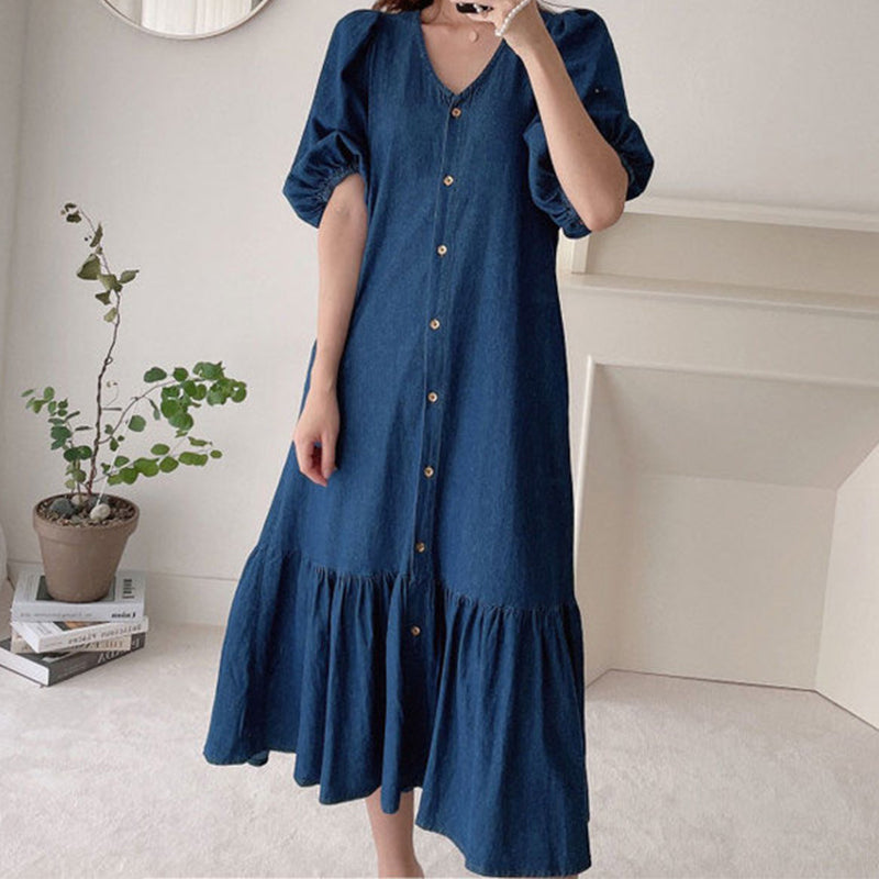 ⌛Limited-Time Offer-Women's V-Neck Single-Breasted Short-Sleeved Dress