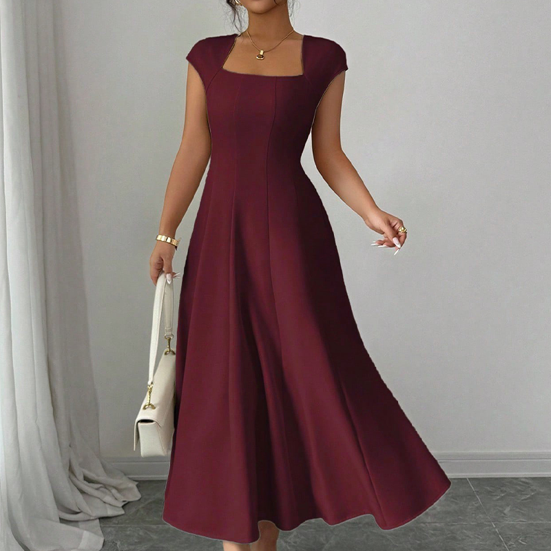 ⌛Limited-Time Offer-Women Elegant Square Neck A Line Dress Slim Fit Long Dress