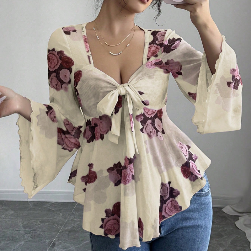 ⌛Limited-Time Offer-Women's Floral Print Square Neck Tie-Front Blouse