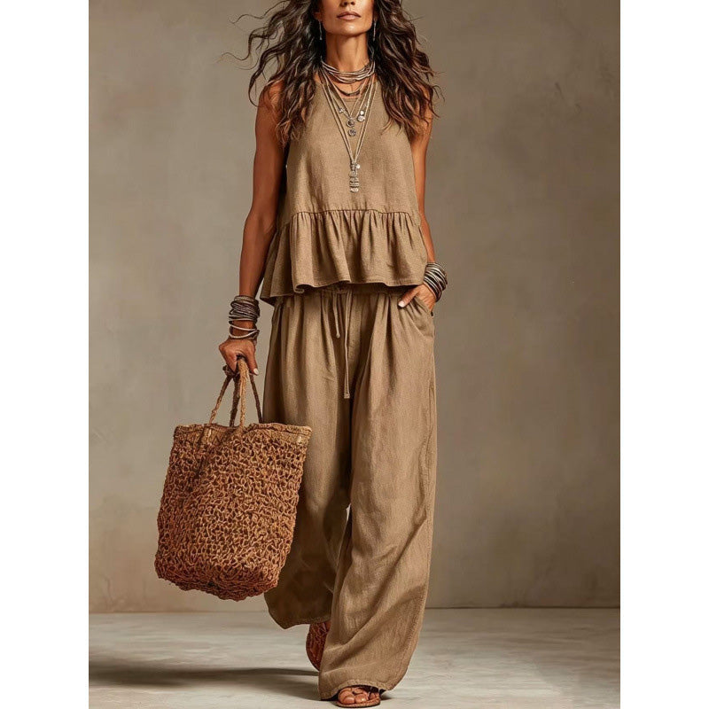 ⌛Limited-Time Offer-Women Casual Sleeveless Ruffle Top and Wide Leg Long Pants Set