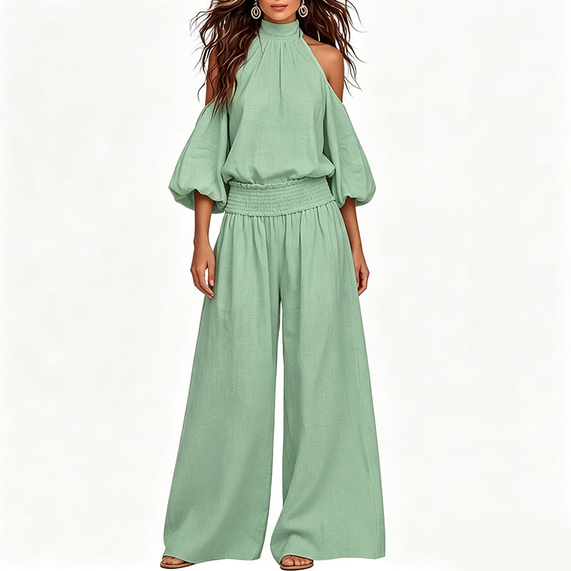 Women's Cold Shoulder Halter Neck Top & Wide-Leg Trousers Set 🌸 Bare the Shoulders, Free the Legs – Summer's Most Flattering Co-Ord ✨