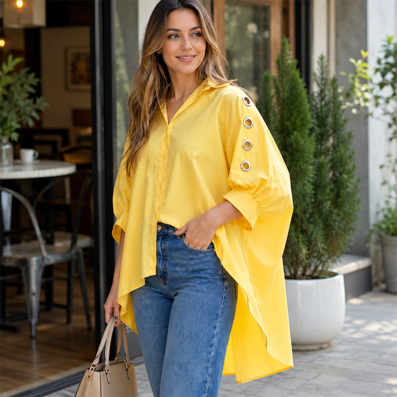 ⌛Limited-Time Offer-Women's Oversized Asymmetrical Shirt with Eyelet Details