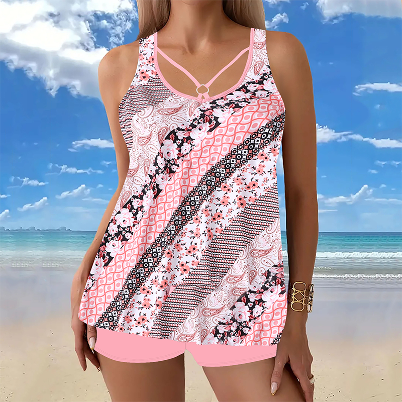 Women Plus Size Two Piece Swimsuit Skirt with Boyshorts Printed Tankini Set