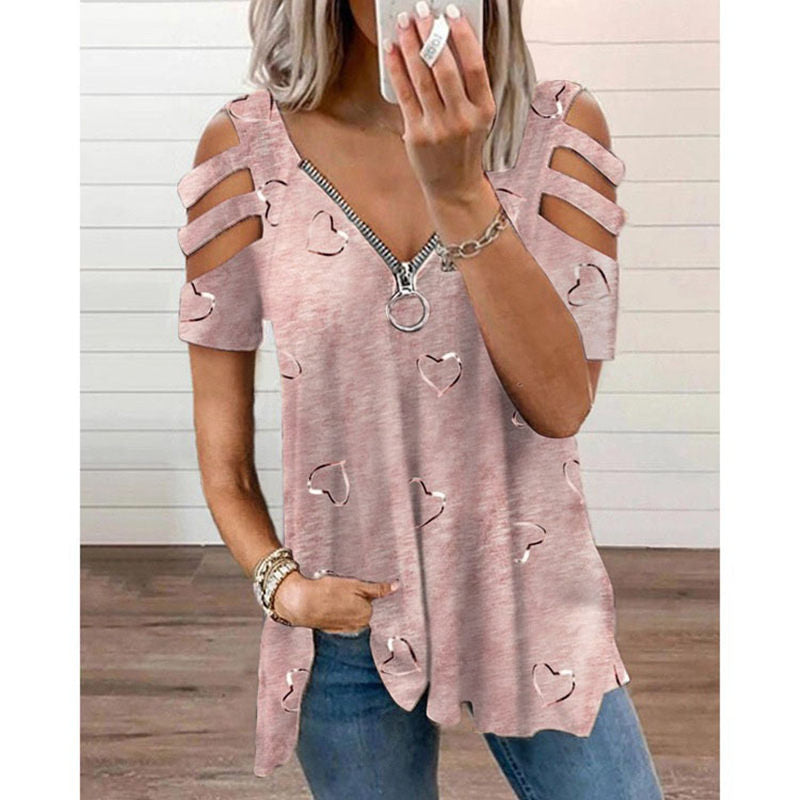 ⌛Limited-Time Offer-Heart Print V-Neck Zip T-Shirt