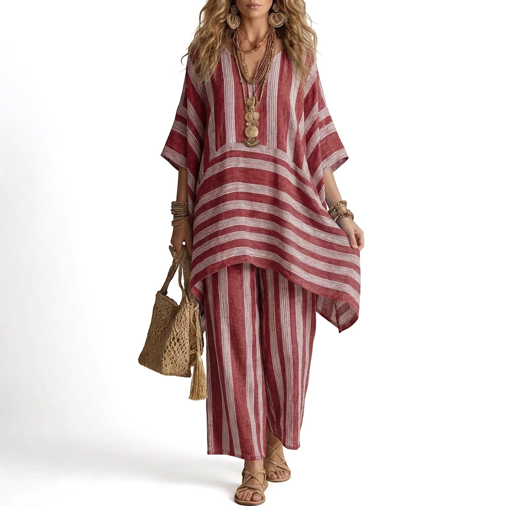 ⌛Limited-Time Offer-Women's Loose V-Neck Striped 2-Piece Casual Set