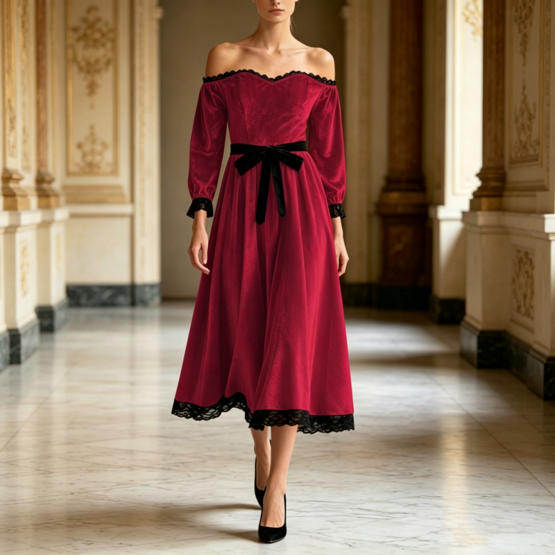 ✨ Elegant Comfort | Women's Off-Shoulder Velvet Midi Dress