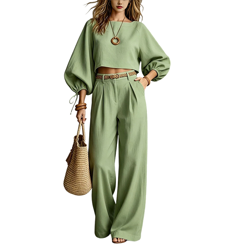 ✨ Effortless 2-Piece Style | Women's Cropped Top & Wide-Leg Pants Set