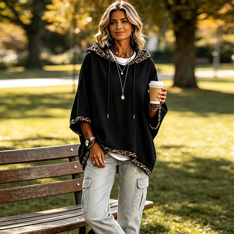 ๐ Leopard Detail, Easy Style | Women's Loose-Fit Drawstring Hoodie