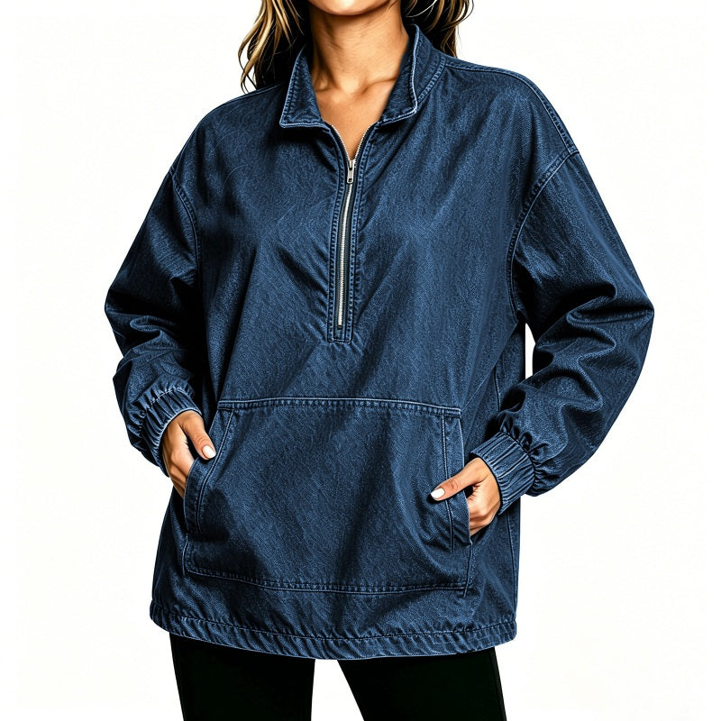 ✨ Relaxed by Design | Women’s Washed Denim Half-Zip Oversized Jacket
