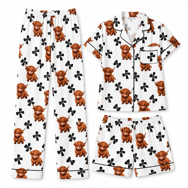 Women's Highland Cow Print 3-Piece Pajama Set