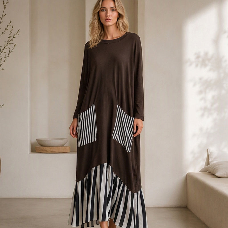 ๐ Eye-Catching Pattern Mix, Graceful Long-Line Flow | Women's Striped Patchwork Long Sleeve Maxi Dress