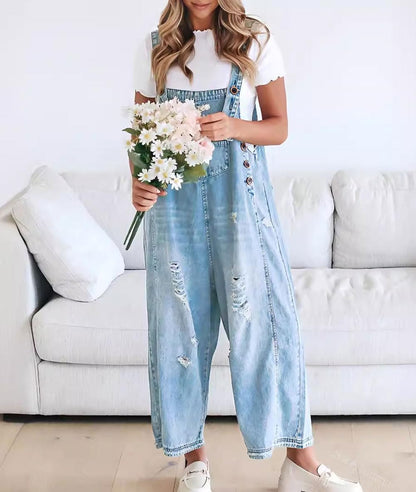 🔥Limited time sale 49% OFF💕Women's Cute Casual Button Jumpsuit Ripped Denim Overalls