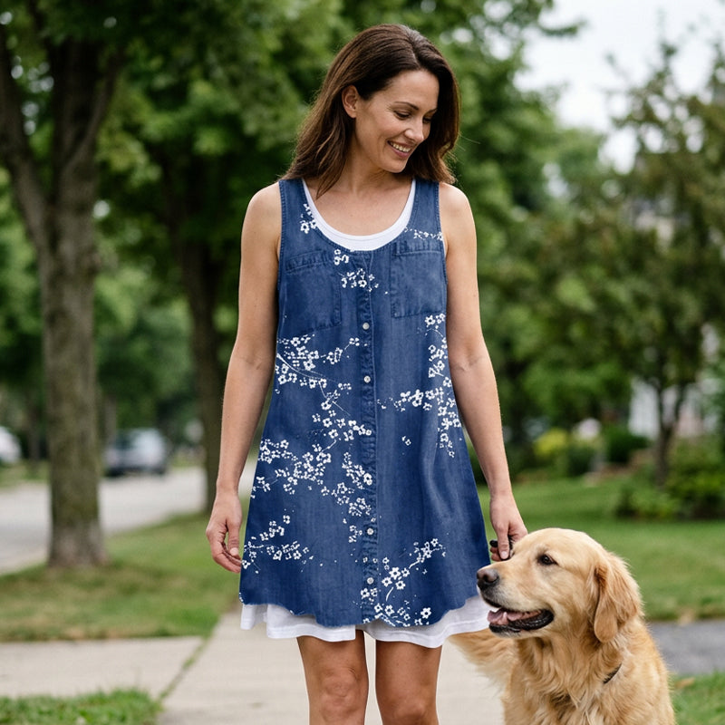 👗☀️Women's Faux Two-Piece Denim Print Dress - Throw It On And Look Instantly Put Together✨