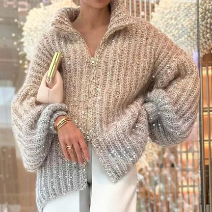 🎅Early Xmas Sales - 50% OFF🎄Fashion Sequin Full-Zipper Knit Sweater for Women - Free Shipping