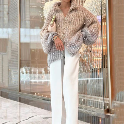🎅Early Xmas Sales - 50% OFF🎄Fashion Sequin Full-Zipper Knit Sweater for Women - Free Shipping