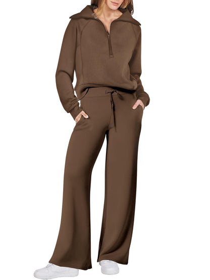 💝🔥Limited Time Sale-50% OFF🔥🎀Women's Oversized Half Zip Wide Leg 2 Piece Outfits Lounge Set