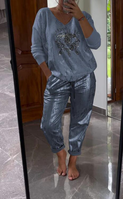 🌷LAST DAY SALE 49% OFF💝Devil's Eye Gold Foil Top and Sequin Pants Set