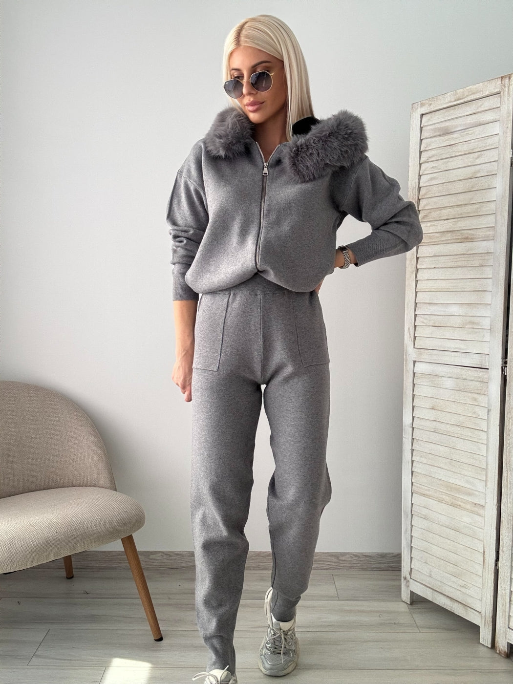 FUR TRIMMED HOODED LOUNGE SUIT