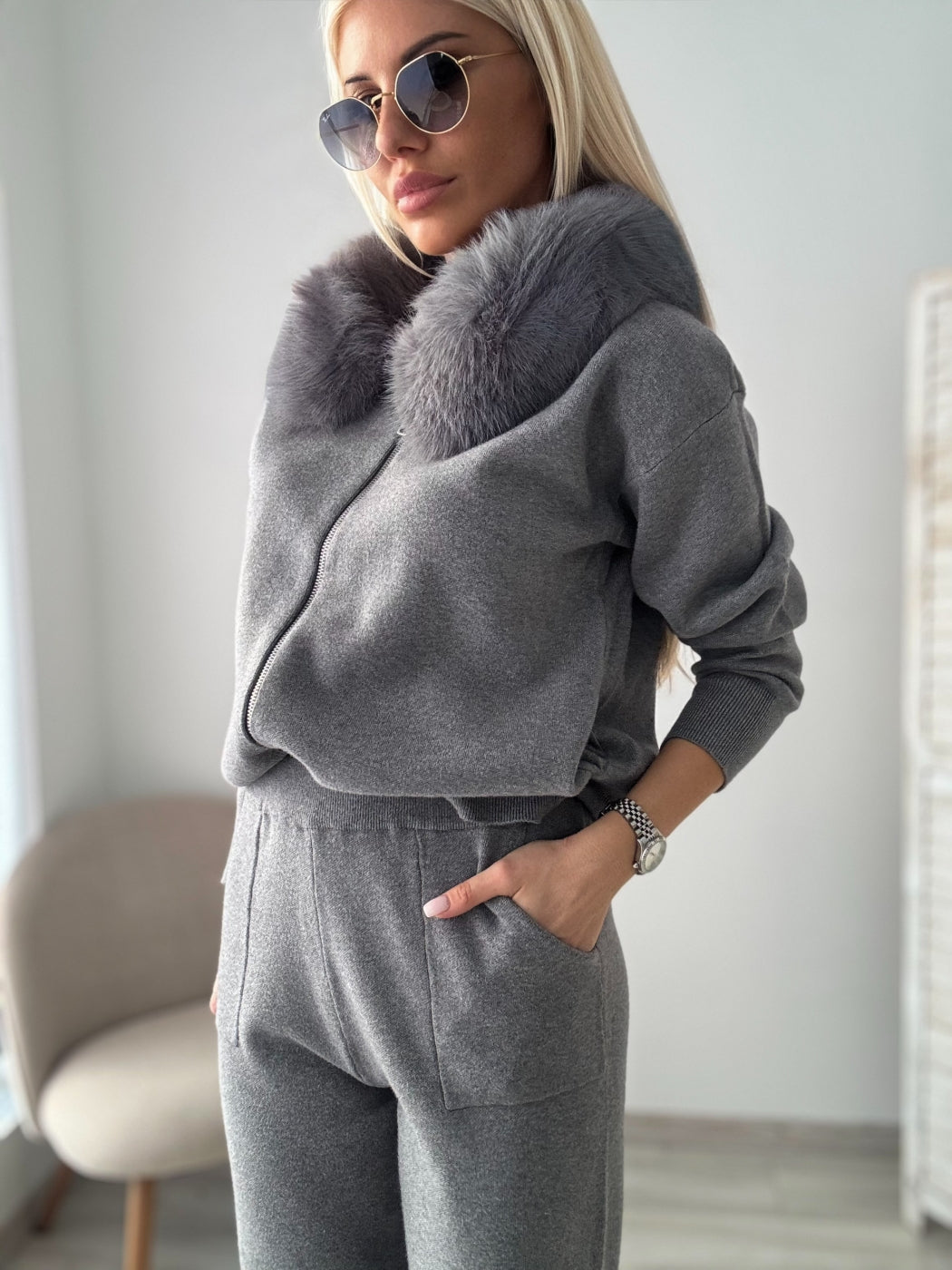 FUR TRIMMED HOODED LOUNGE SUIT