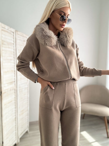 FUR TRIMMED HOODED LOUNGE SUIT