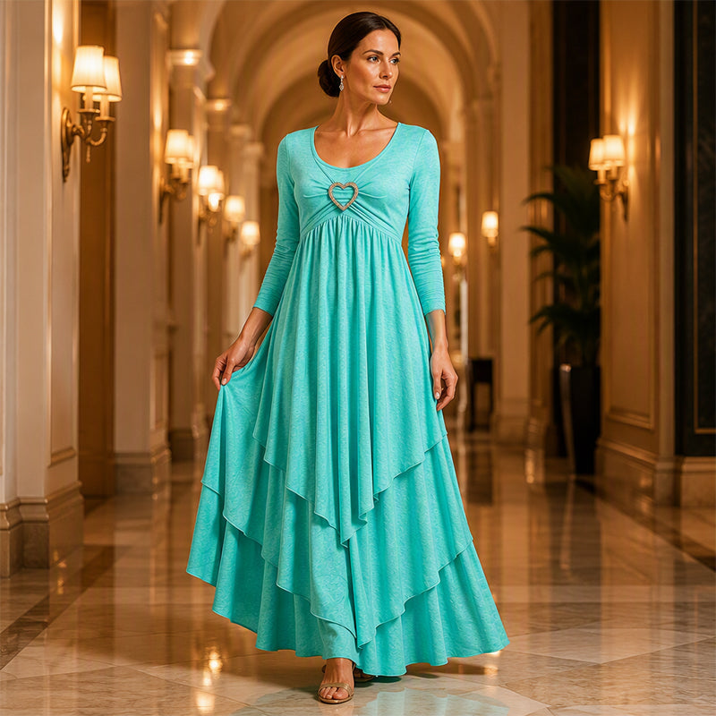 Bestseller🏆👗 Tiered Midi Dress with Heart Accent – Flattering A-Line & Breezy Fabric for Travel or Gatherings