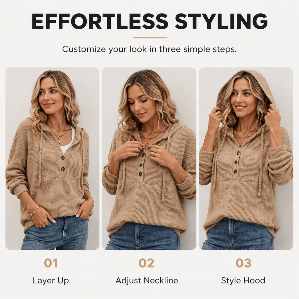 ☁️ All-Day Comfort | Women's Soft Ribbed Button-Neck Hooded Sweater