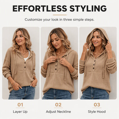 ☁️ All-Day Comfort | Women's Soft Ribbed Button-Neck Hooded Sweater