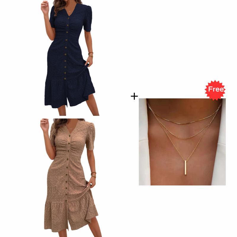 🔥LAST DAY 50% OFF🌞💃Women's Button-Up V-Neck Short Sleeve Midi Dress