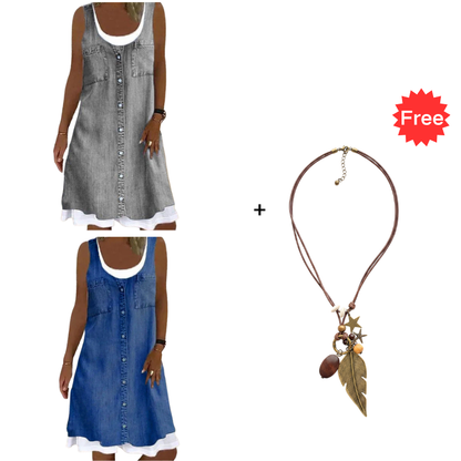 👗☀️Women's Faux Two-Piece Denim Print Dress - Throw It On And Look Instantly Put Together✨