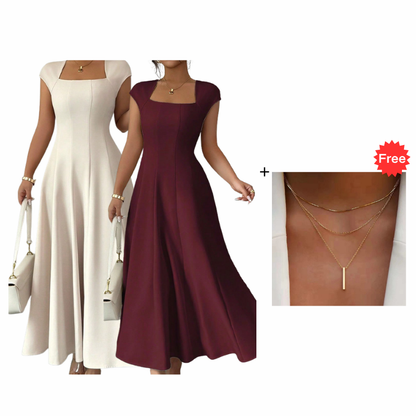 ⌛Limited-Time Offer-Women Elegant Square Neck A Line Dress Slim Fit Long Dress